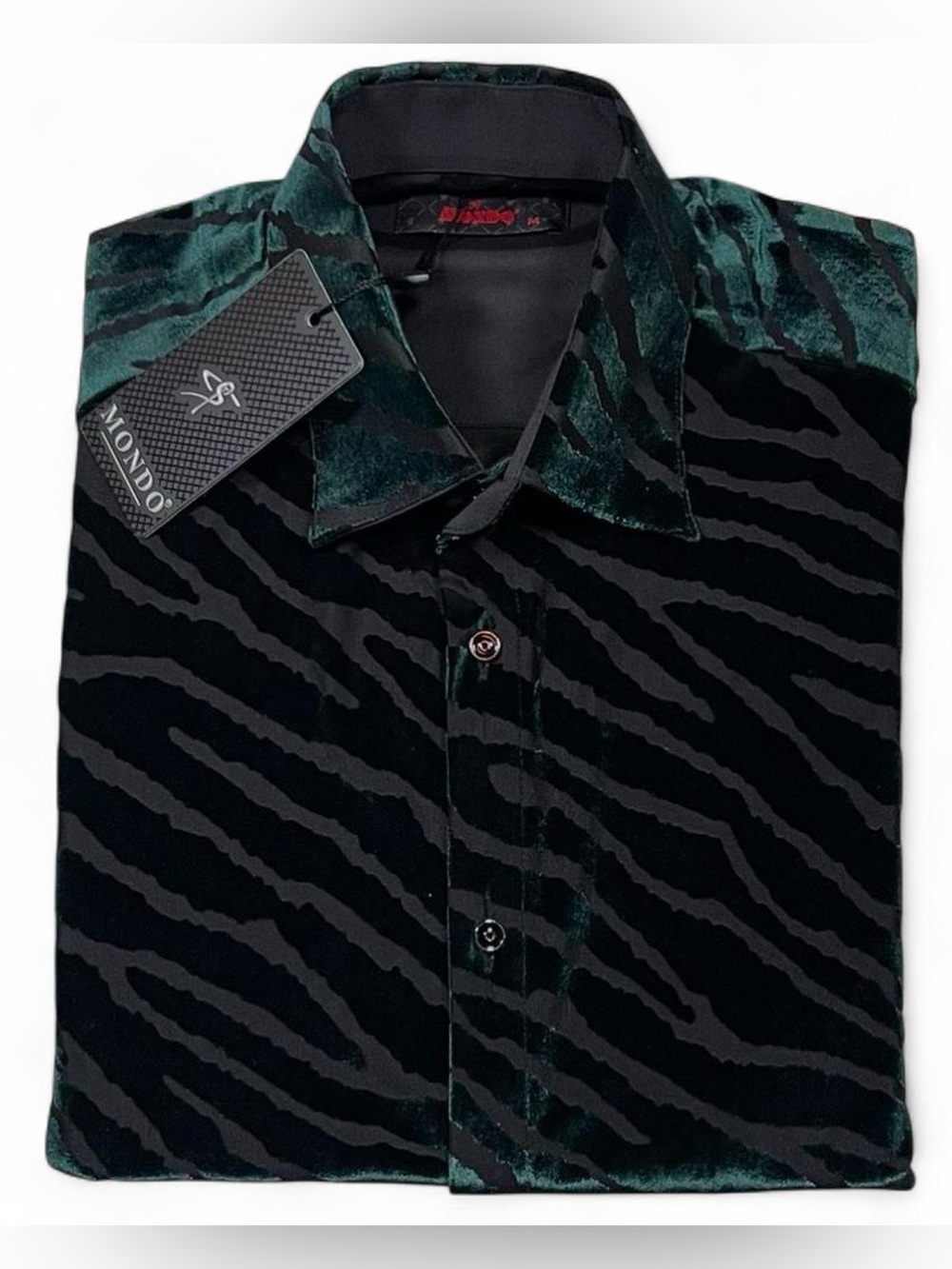 NWT! MONDO Green Cracked Velvet Button-up Shirt Men’s Size M Black Mesh Logo
